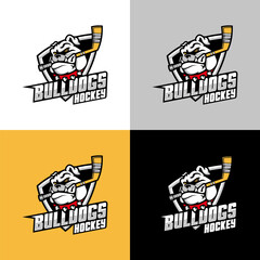 Strong Bulldogs Hockey Club Sport Dog logo vector illustration. Aggressive Bulldog Breaks Hockey Stick in His Mouth