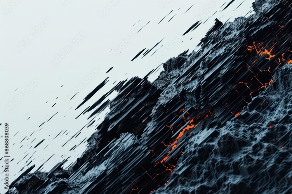 Poster conceptual minimal banner featuring cyber destruction of nature with dynamic digital components with