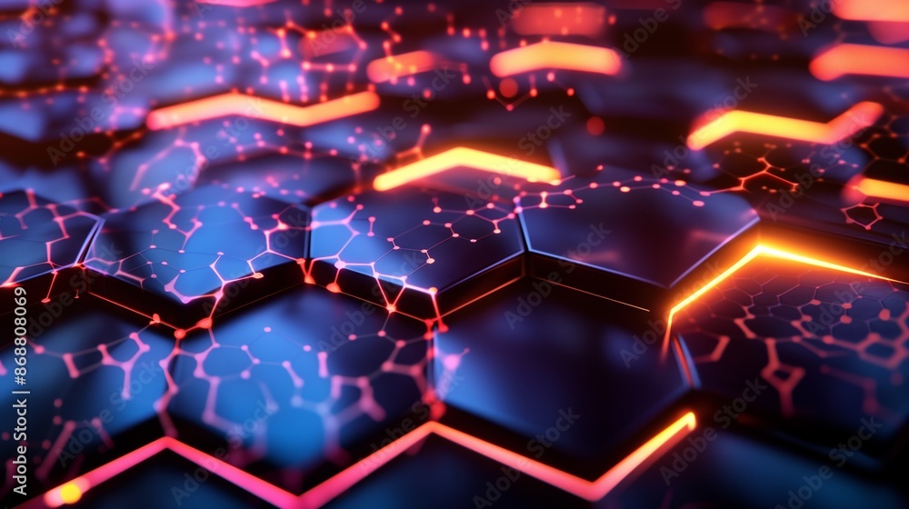 Poster a cutting-edge 3d background with intricate hexagonal patterns and vibrant neon highlights.
