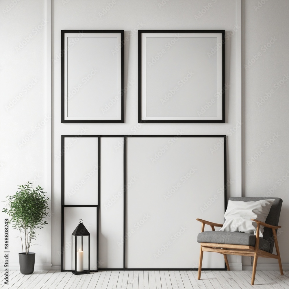 Poster modern gallery wall set with three-dimensional realistic frame mockups and decor on a white color ba