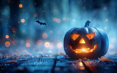 Fototapeta premium Creepy Jack-o'-Lantern on Rustic Porch with Bat Flying in Background