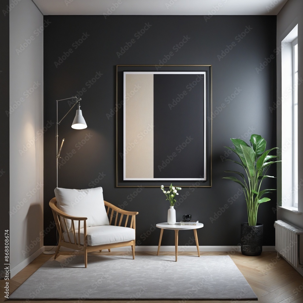 Poster three-dimensional mockup of vertical frames on an empty dark wall in a scandinavian style living roo