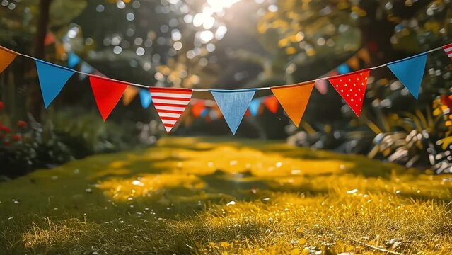 garden party decorations with flags bunting. Perfect for Independence Day, Memorial Day, or a summer celebration.