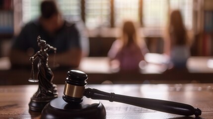 A close-up shot of a judges gavel with a blurred child in the background, highlighting the concept of child custody. Generative AI