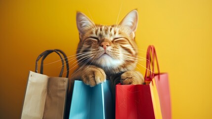 delighted cat with shopping bags
