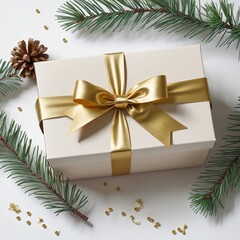 Hand-drawn watercolor illustration of a festive conifer tree branch with a gold bow, perfect for holiday greeting cards and party invitations