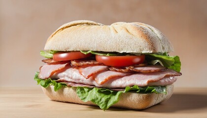 Tasty sandwich with grilled chicken and crispy bacon on white bread, topped with fresh lettuce and juicy tomatoes