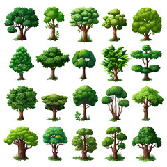 Fototapeta premium Variety of Stylized Trees for Game Design. Illustrations Trees Isolated on Transparent background.