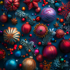 Colorful Christmas ornaments and balls on a holiday-themed background.