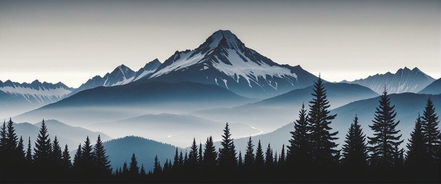 Winter hiking adventure in the black silhouette of a snow-covered mountain peak and fir tree landscape illustration vector emblem, perfect for holiday camping retreats