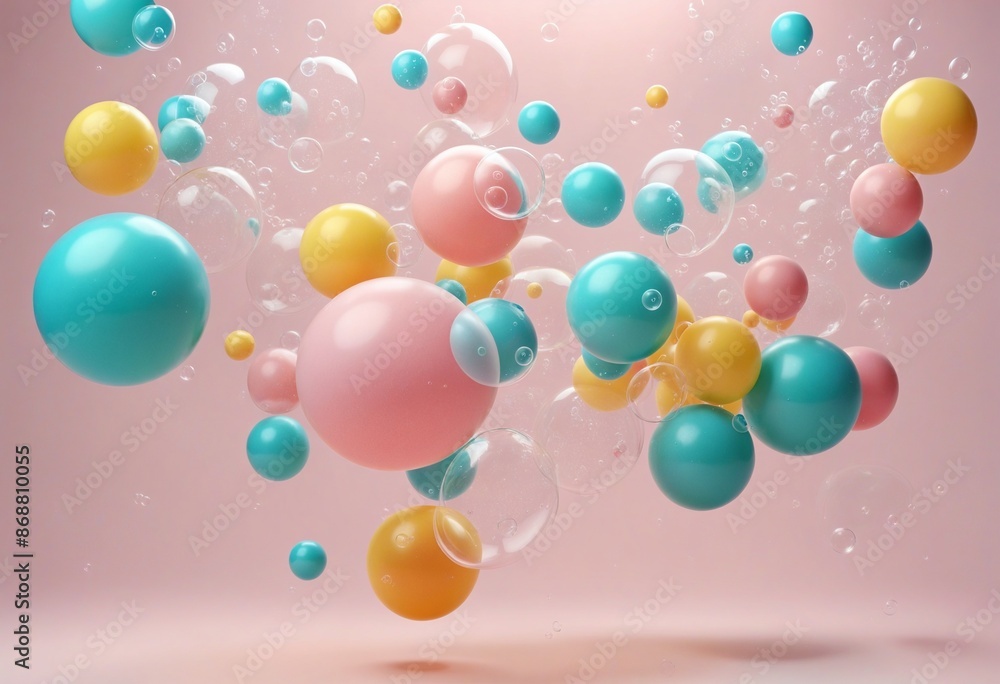 Poster colorful geometric 3d render of floating pastel bubbles and spheres on a soft background with a grad