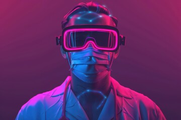 Hightech illustration of a futuristic doctor with vibrant neon accents and modern aesthetics with copy space