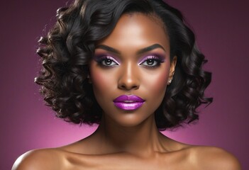 Fototapeta premium Stylish black woman with glamorous makeup and a radiant smile in a fashion studio portrait