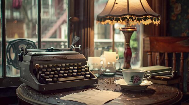 Coffee, antique lamp, and vintage typewriter arranged on a table by a window, nostalgic workspace
 Seamless looping 4k time-lapse virtual video animation background. Generated AI