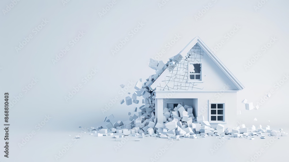 Poster minimalist depiction of a shattered house with abstract cyber visuals and clean design with copy spa