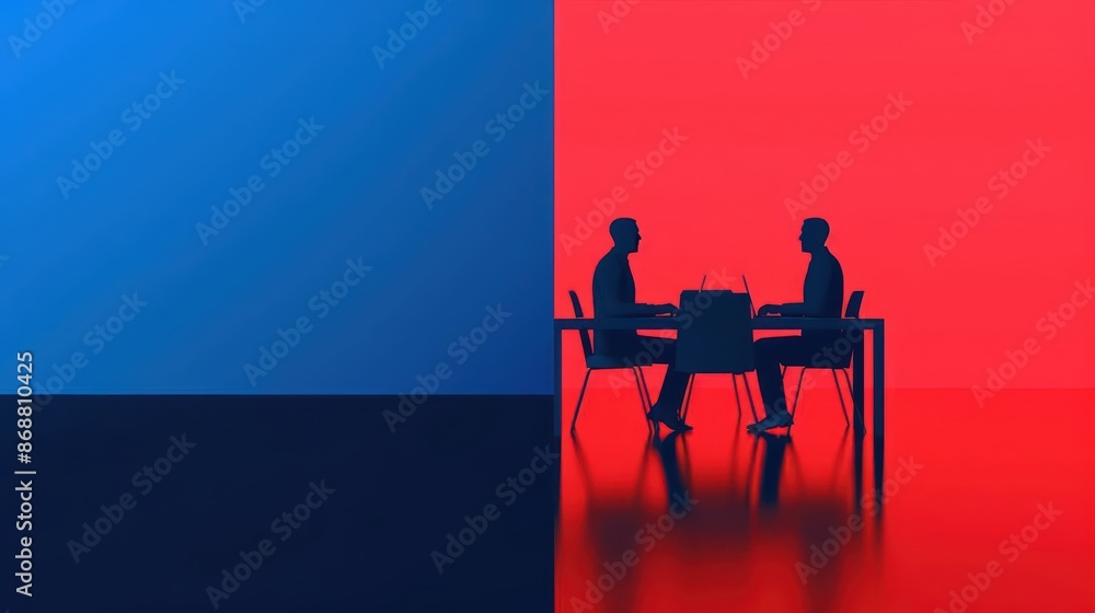 Poster minimalist depiction of a business meeting with abstract cyber visuals and clean design with copy sp