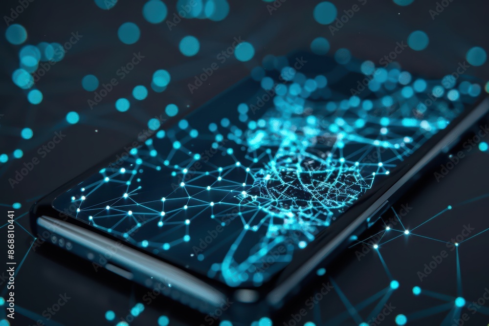 Poster minimalist depiction of a shattered phone with abstract cyber visuals and clean design with copy spa