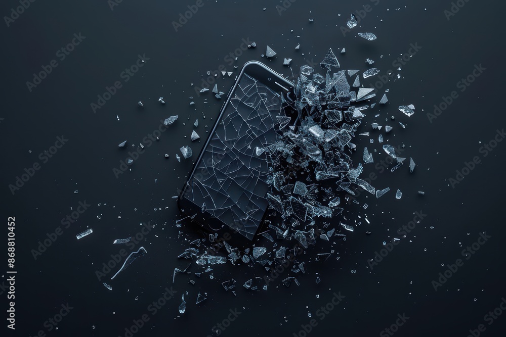 Poster minimalist depiction of a shattered phone with abstract cyber visuals and clean design with copy spa