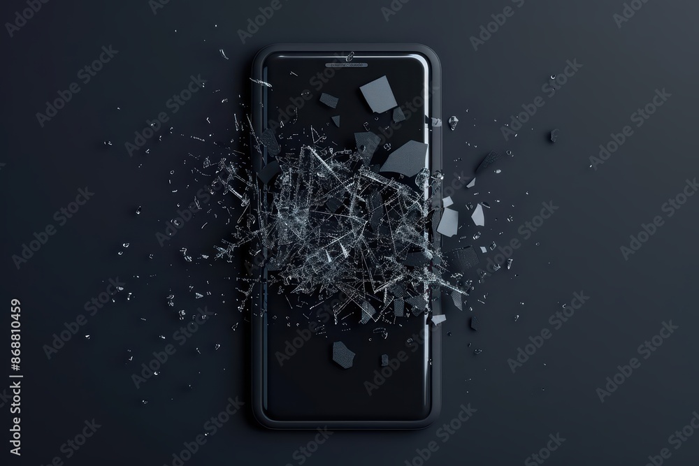 Poster minimalist depiction of a shattered phone with abstract cyber visuals and clean design with copy spa