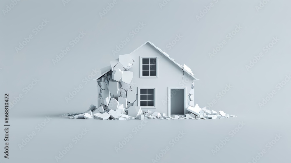 Poster minimalist depiction of a shattered house with abstract cyber visuals and clean design with copy spa