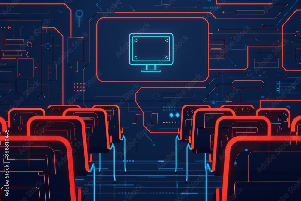 Poster minimalist depiction of a classroom with abstract cyber visuals and clean design with copy space