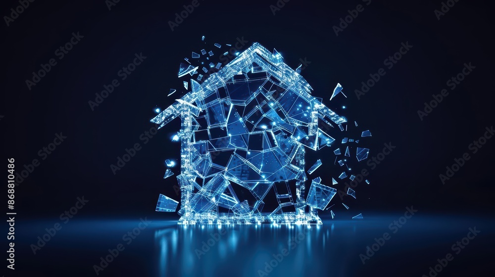 Poster minimalist depiction of a shattered house with abstract cyber visuals and clean design with copy spa