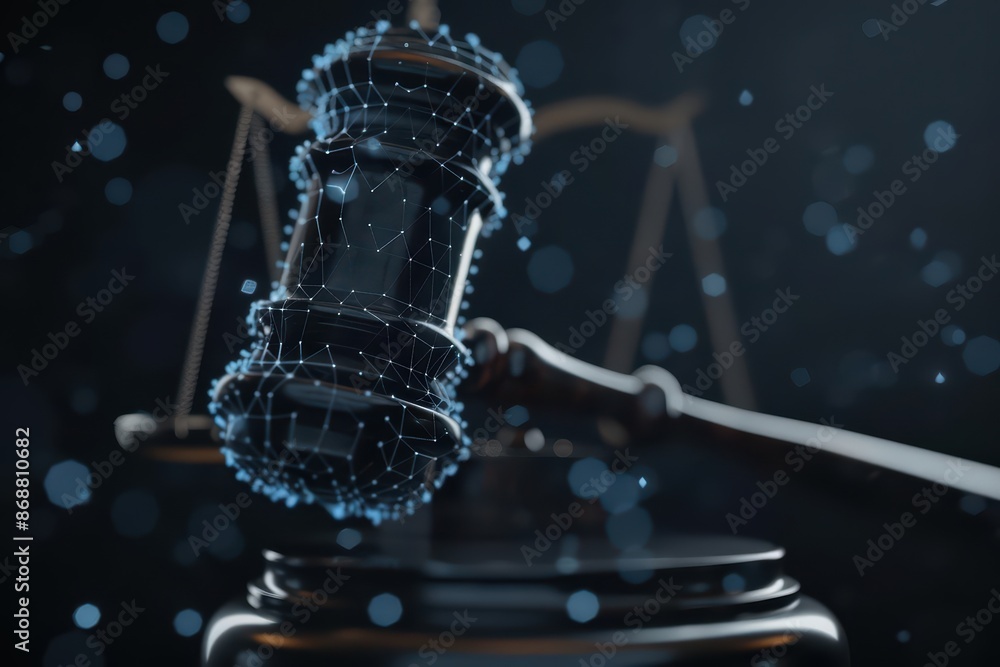 Poster minimalist depiction of a gavel with abstract cyber visuals and clean design with copy space