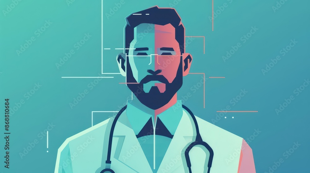 Poster minimalist depiction of a doctor with abstract cyber visuals and clean design with copy space