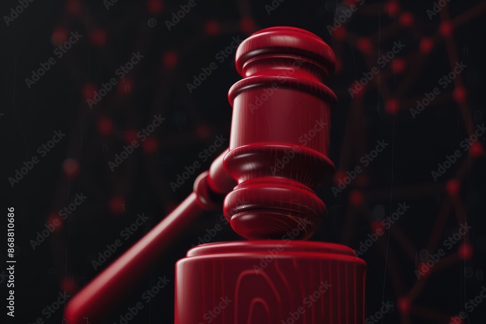 Poster minimalist depiction of a gavel with abstract cyber visuals and clean design with copy space
