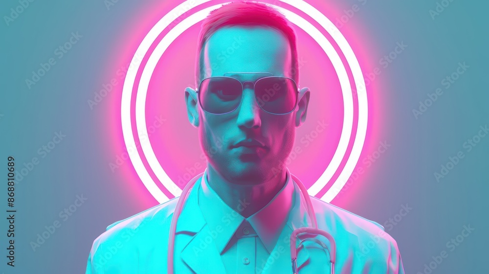 Poster minimalist depiction of a doctor with abstract cyber visuals and clean design with copy space