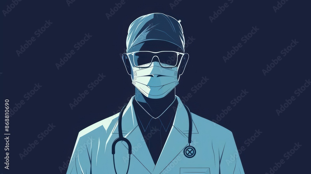 Poster minimalist depiction of a doctor with abstract cyber visuals and clean design with copy space