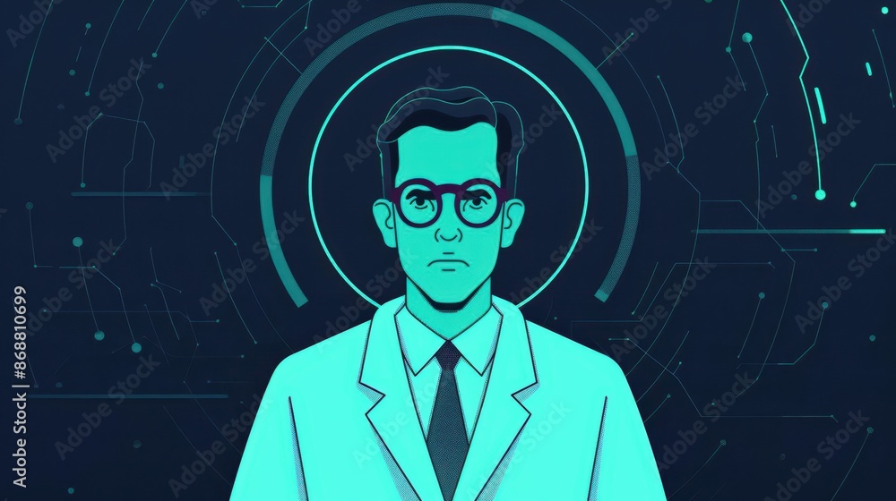 Poster minimalist depiction of a doctor with abstract cyber visuals and clean design with copy space