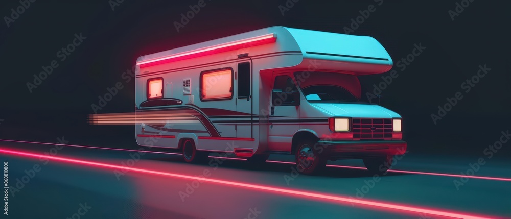 Poster minimalist depiction of a modern motor home with abstract cyber visuals and clean design with copy s