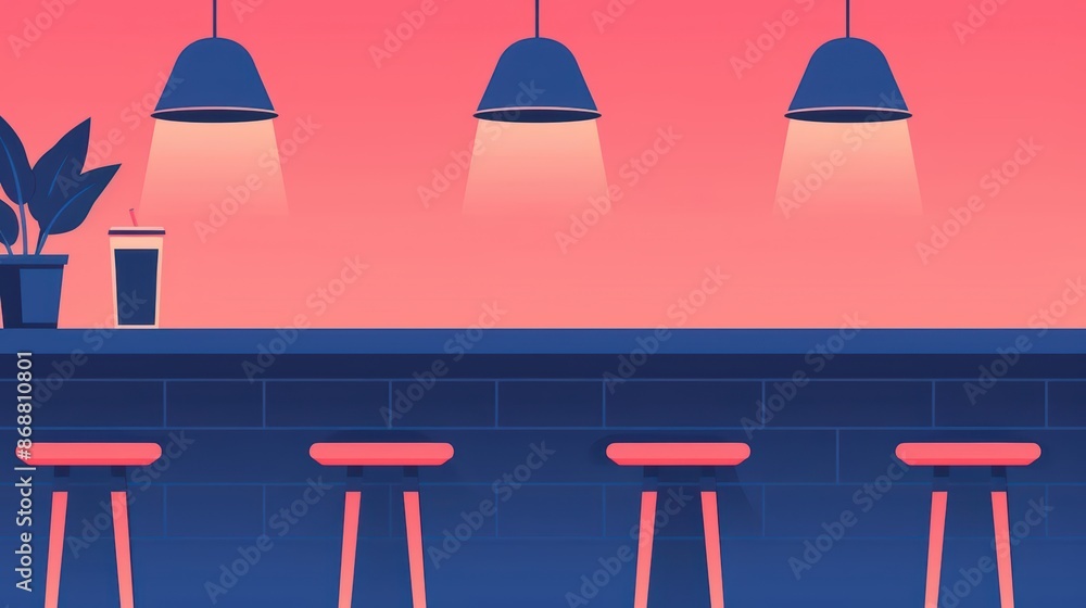 Poster minimalist depiction of a modern cafe with abstract cyber visuals and clean design with copy space