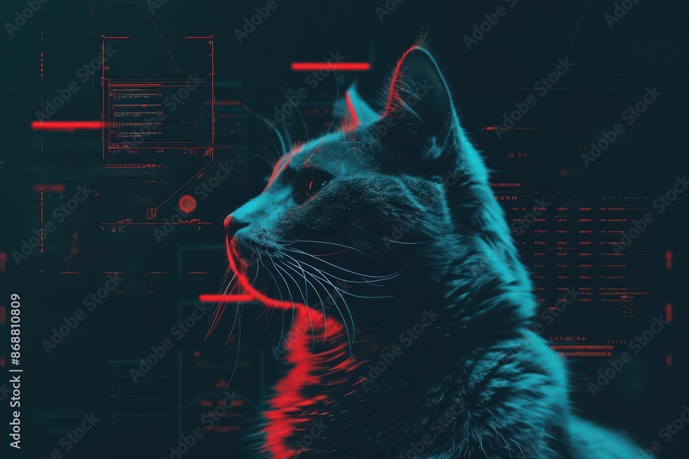 Poster minimalist depiction of a pet with abstract cyber visuals and clean design with copy space