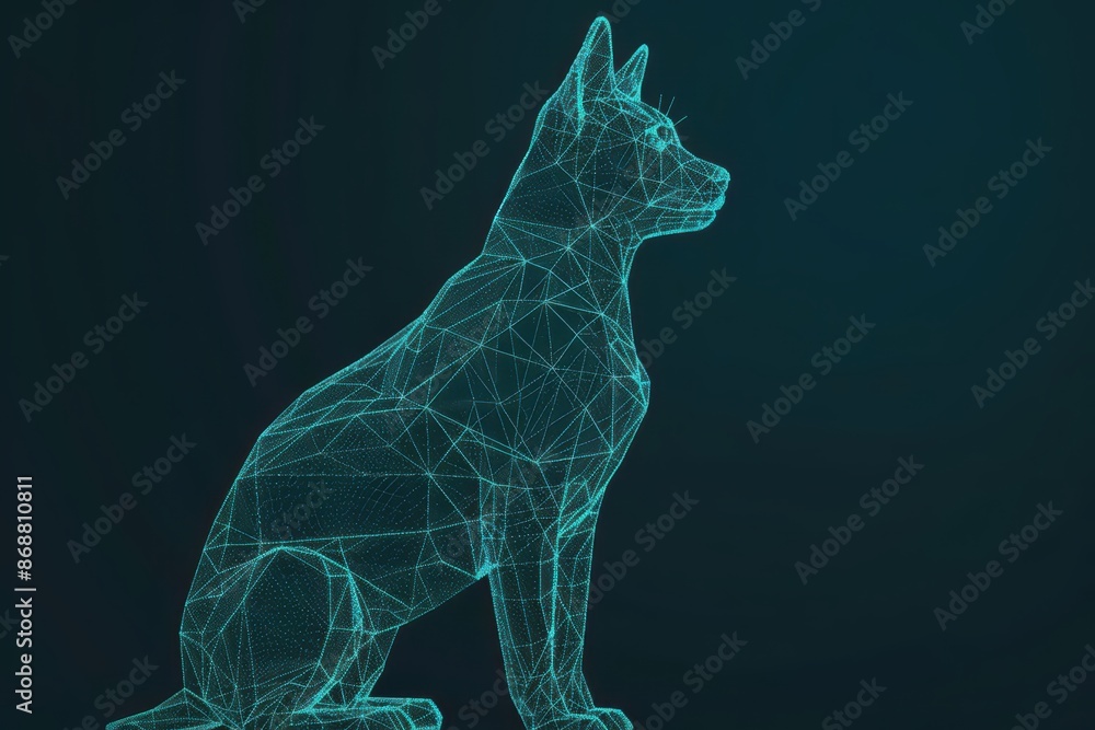 Poster minimalist depiction of a pet with abstract cyber visuals and clean design with copy space