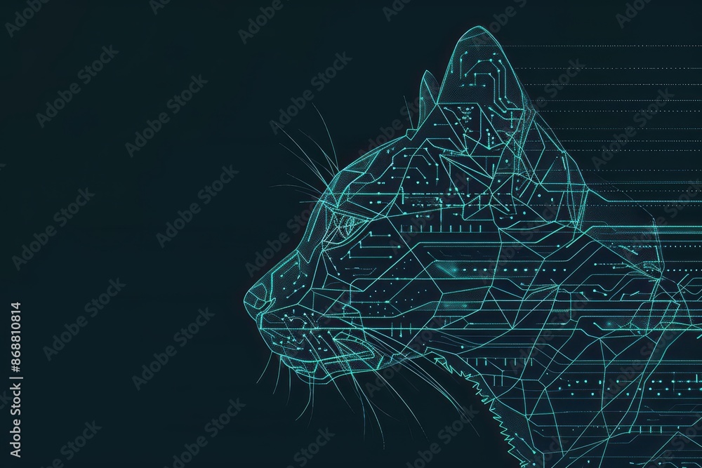 Poster minimalist depiction of a pet with abstract cyber visuals and clean design with copy space
