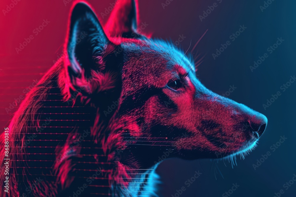 Poster minimalist depiction of a pet with abstract cyber visuals and clean design with copy space