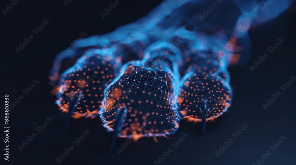 Poster minimalist depiction of a pet paw print with abstract cyber visuals and clean design with copy space