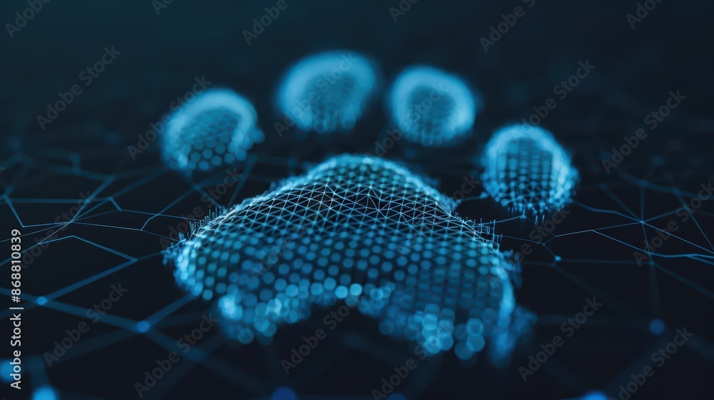 Poster minimalist depiction of a pet paw print with abstract cyber visuals and clean design with copy space