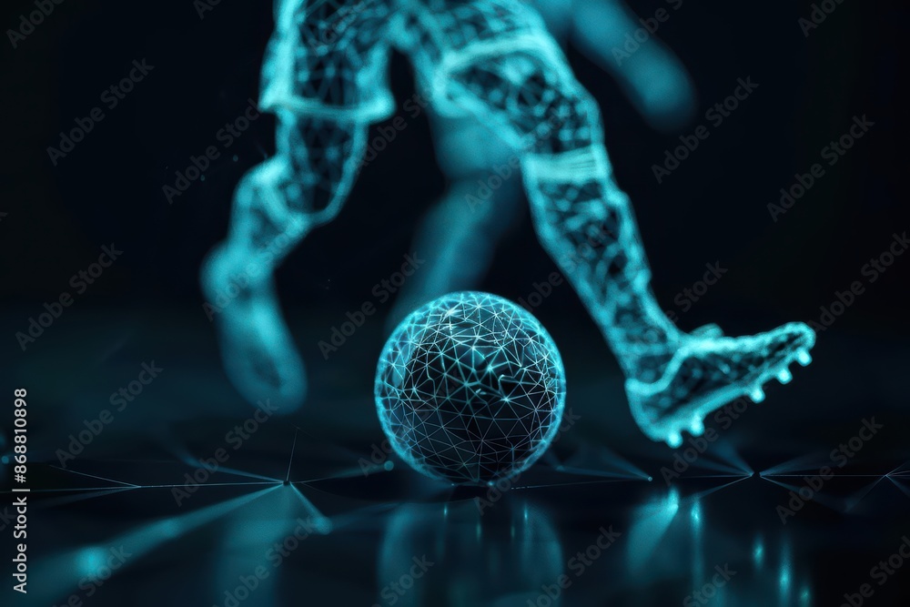 Poster minimalist depiction of a soccer match with abstract cyber visuals and clean design with copy space