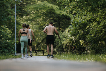 Obraz premium Three friends jogging together in a green park, enjoying fitness and nature. Perfect for concepts of health and outdoor exercise.