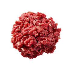Heap of fresh raw ground beef meat isolated on white background. High-quality minced beef ready for cooking.