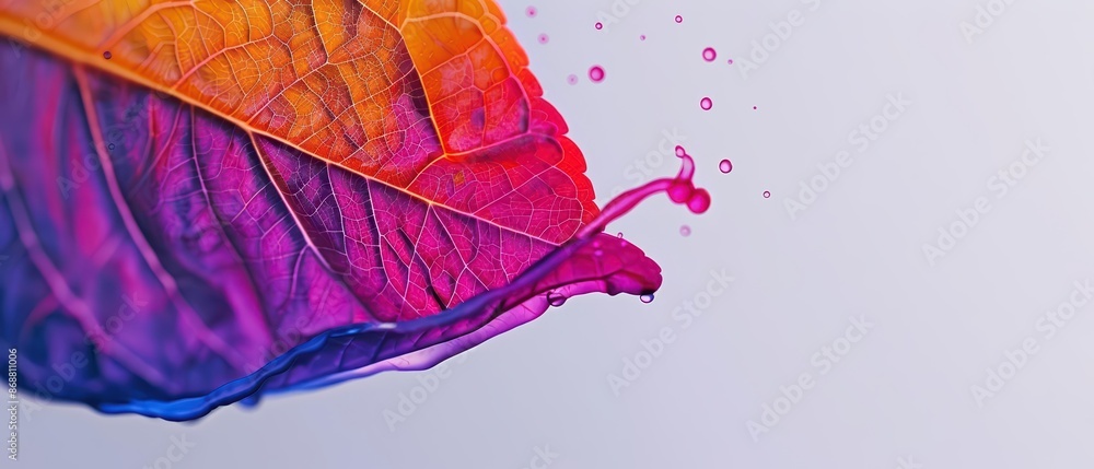 Poster minimalist depiction of a vibrant leaf splash with abstract cyber visuals and clean design with copy