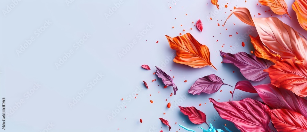 Poster minimalist depiction of a vibrant leaf splash with abstract cyber visuals and clean design with copy