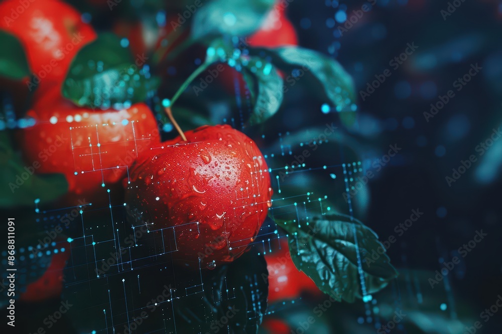 Poster minimalist depiction of abstract fruit with cyber visuals and clean design with copy space
