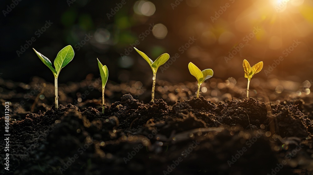 Sticker Seedling are growing from the rich soil to the morning sunlight that is shining, ecology concept. black background, new life concept, young plant growth in dirt copy space