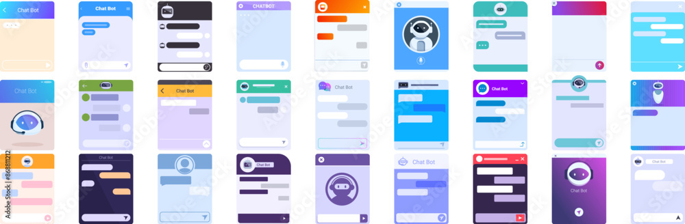 Poster bot window icons set. set of messenger app screens showing chat bot windows with different color the