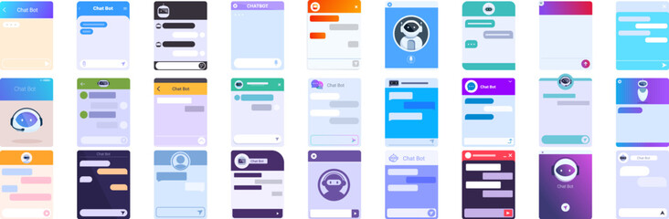 Bot window icons set. Set of messenger app screens showing chat bot windows with different color themes and conversation stages