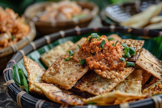 Baked and fried tapioca crackers with spicy sauce traditional snack from Palembang
